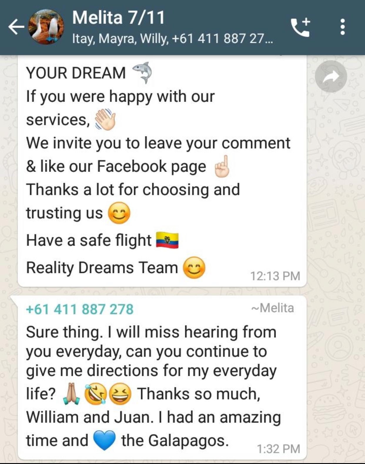 צילום מסך של הודעת תודה ממטיילת לצוות Reality Dreams